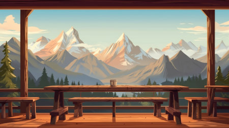 A scenic mountain view behind a wooden table. Image generated with Generative AIの素材