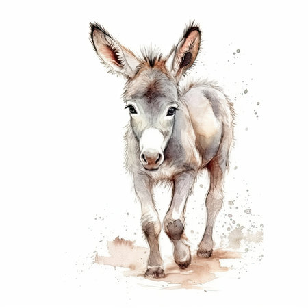 Baby Donkey watercolor with ink outline on white background, high detailed - generated with generative AIの素材