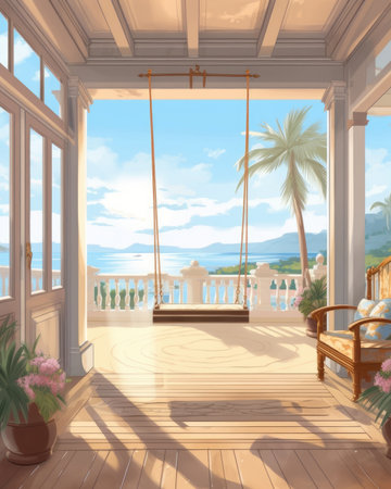 The veranda of the luxury house has a hanging swing and beach view. Image generated with Generative AIの素材