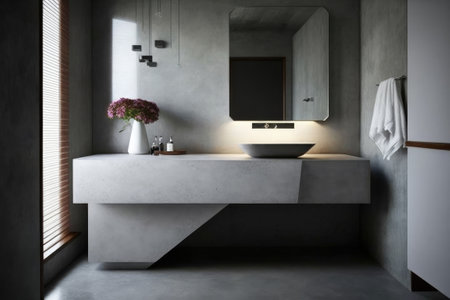 The bathroom has a modern, minimalist design with a concrete countertop and marble sink. - image generated with Generative AIの素材