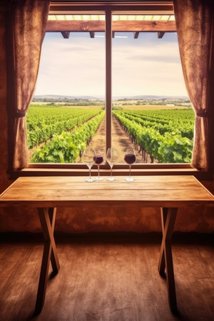 The wooden table and vineyard view create a presentation template. - image generated with Generative AIの素材