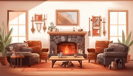 A cozy modern farmhouse living room features a gas fireplace. Image generated with Generative AIの素材