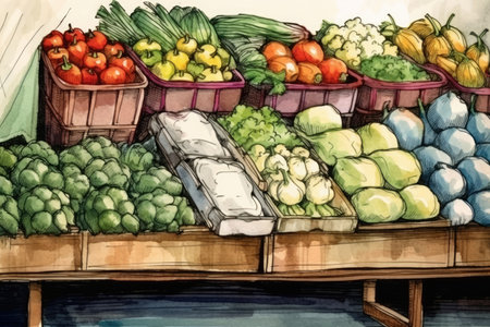 Fresh organic vegetables displayed in market. - image generated with Generative AIの素材