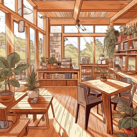 A sustainable coffee shop with recycled wood furniture, plants, and light. Image generated with Generative AIの素材