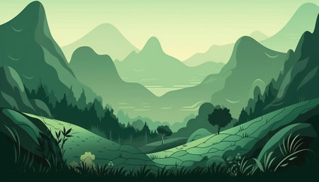 The wallpaper shows green hills and mountains in abstract design. - image generated with Generative AIの素材