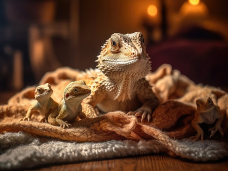Adult Bearded Dragon with babies - generated with generative AIの素材