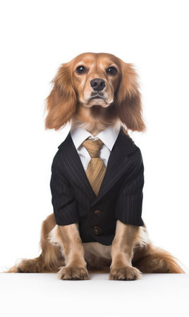 Dog dressed in a suit like a businessman, isolated on white background - generated with generative AIの素材