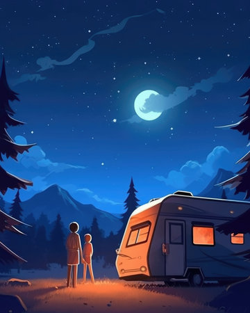 The camper gazes at the Milky Way by a campfire. Image generated with Generative AIの素材