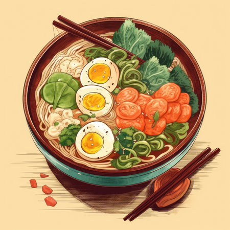 Japanese ramen soup is traditionally delicious and aromatic. Image generated with Generative AIの素材