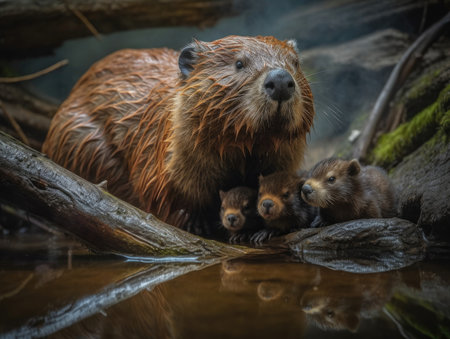 Adult Beaver with babies - generated with generative AIの素材