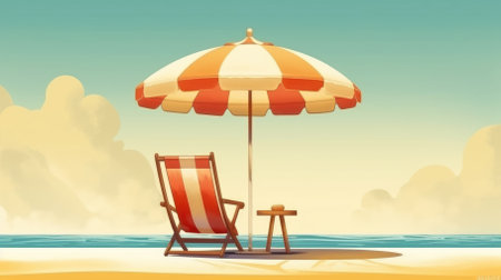 The vacation concept showcases a beach chair, umbrella, and sun. - image generated with Generative AIの素材