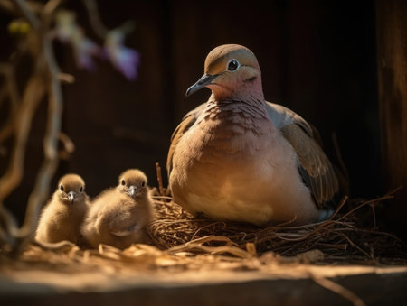 Adult Dove with babies - generated with generative AIの素材