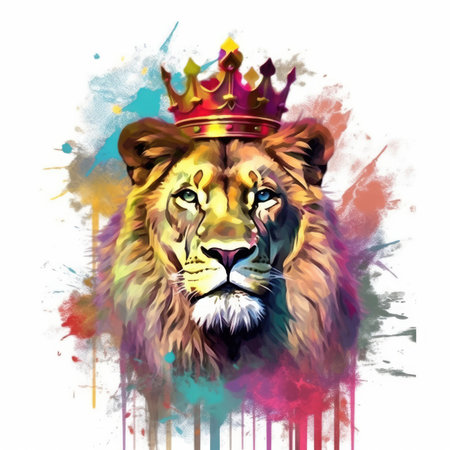 An abstract, colorful painting of a lion with a crown. Image generated with Generative AIの素材