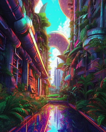 The background is exotic, trippy, futuristic, and cyberpunk. Image generated with Generative AIの素材