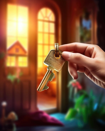 The door was unlocked with a key in a hand. - image generated with Generative AIの素材