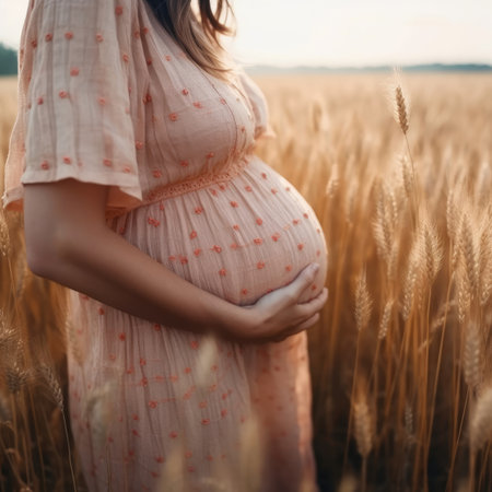 A pregnant woman standing in a summer field surrounded by nature, touching her belly, with the concept of new life and family. - image generated with Generative AIの素材