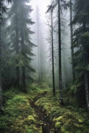 The forest is misty with fir trees. - image generated with Generative AIの素材