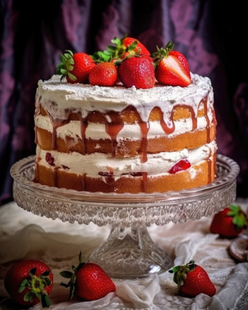 The cake has fresh strawberries and is strawberry flavored. - image generated with Generative AIの素材