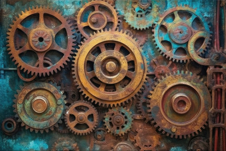 The background features steampunk rusty machinery gears. Image generated with Generative AIの素材