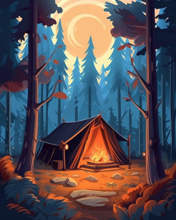 A tent for camping in the forest. Image generated with Generative AIの素材
