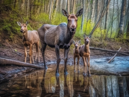 Adult Moose with babies - generated with generative AIの素材