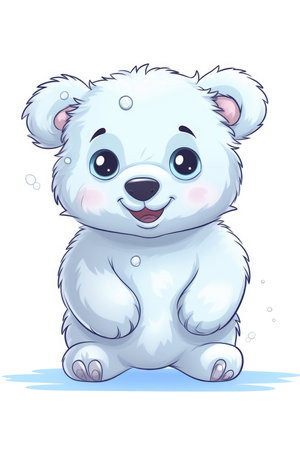 Cute baby polar bear in cartoon style on white background - generated with generative AIの素材