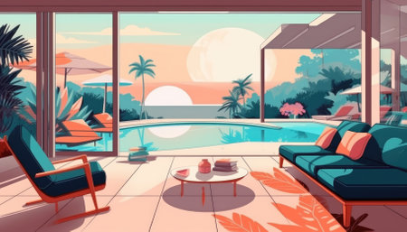 Luxury modern villa has open-air pool lounge. - image generated with Generative AIの素材