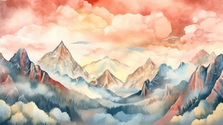 Soft-toned watercolor mountains. Image generated with Generative AIの素材