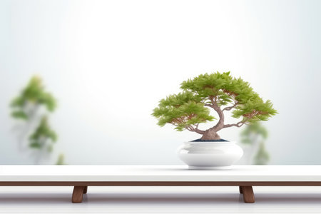A modern interior design concept has a white wall background and a tabletop with plants. Image generated with Generative AIの素材
