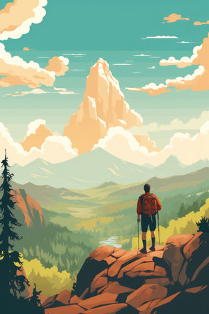 'The hiker enjoys the view atop the mountain.' - image generated with Generative AIの素材