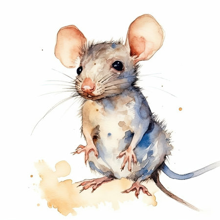 Baby Rat watercolor with ink outline on white background, high detailed - generated with generative AIの素材