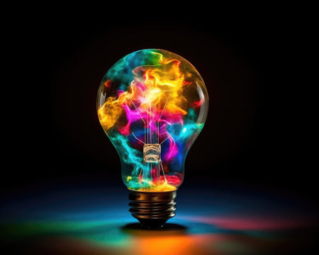 The colorful glowing bulb visually represents brainstorming, bright ideas, and creative thinking. - image generated with Generative AIの素材