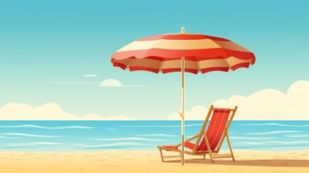 The vacation concept showcases a beach chair, umbrella, and sun. - image generated with Generative AIの素材