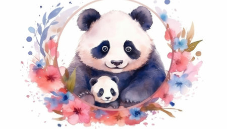An AI generated watercolor illustration of a cute panda family. - image generated with Generative AIの素材
