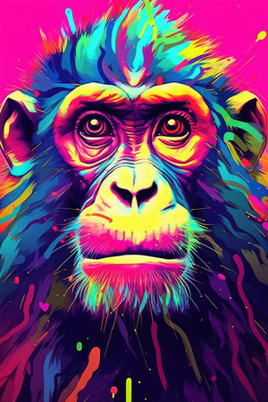 A digital artwork of a colorful monkey in pop art style. Image generated with Generative AIの素材