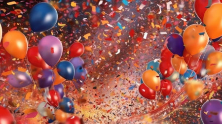 The wallpaper shows colorful flying balloons and confetti. Image generated with Generative AIの素材