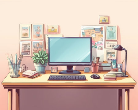 A laptop on an empty office desk. Image generated with Generative AIの素材