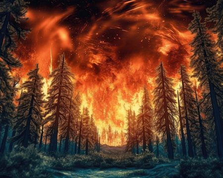 An intense AI-generated shot of a typical USA forest fire. Image generated with Generative AIの素材