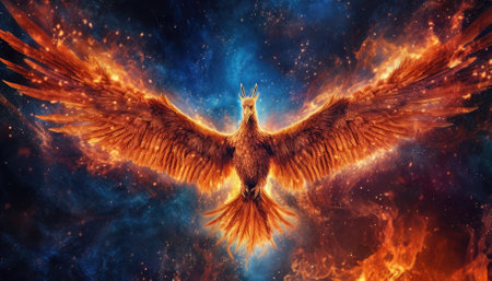 A phoenix flies in space. Image generated with Generative AIの素材