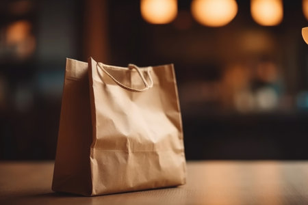 An empty brown shopping bag is pictured on a blurred indoor background, with space for text. - image generated with Generative AIの素材