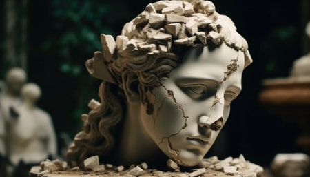 A shattered ancient Greek sculpture of a woman's head symbolizes depression, memory loss, or mental illness. - image generated with Generative AIの素材