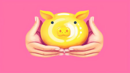 A yellow piggy bank held in a hand on pink. Image generated with Generative AIの素材