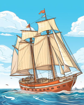 An illustration of a cartoon schooner ship was created. Image generated with Generative AIの素材