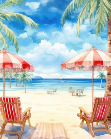 The beautiful beach banner features white sand, chairs, and an umbrella. - image generated with Generative AIの素材