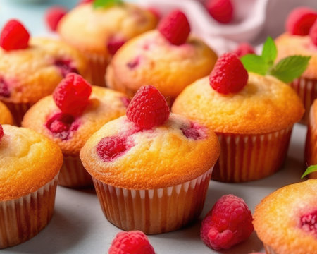 Fresh raspberry muffins, perfect for breakfast or dessert. - image generated with Generative AIの素材