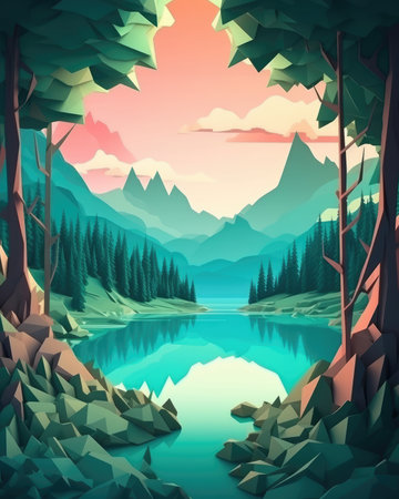 A paper cut style 3d illustration of a fantasy landscape with mountains, trees, and a lake. - image generated with Generative AIの素材