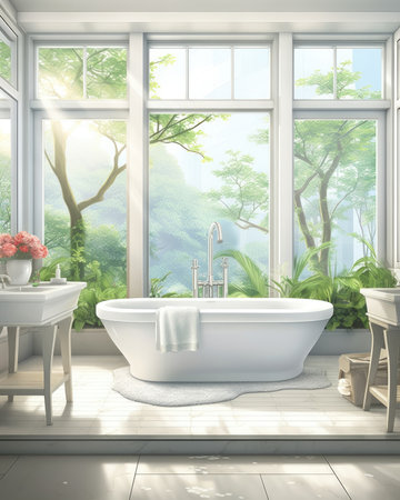 There is a white bathroom with big window and bathtub. Image generated with Generative AIの素材