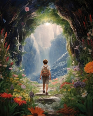 A boy emerges from a flower-filled cave in a dream. - image generated with Generative AIの素材
