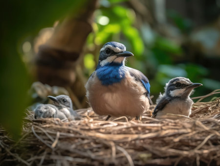 Adult Blue Jay with babies - generated with generative AIの素材