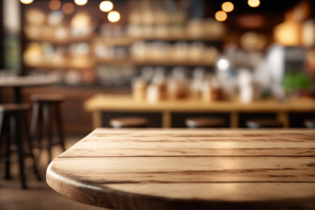 The blurred cafe background complements the wooden table for product display and decoration. - image generated with Generative AIの素材